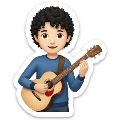 A boy with black curly hair Smiling and holdijg a guitar  sticker