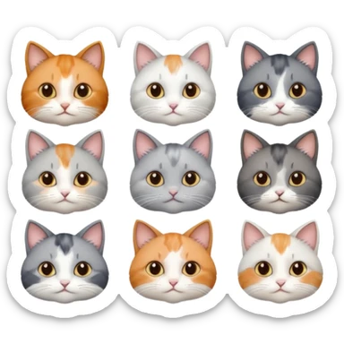 6 realistic looking cats with different natural coloured coats, assorted grey and white, greys, calico, brown and white colours etc
 sticker