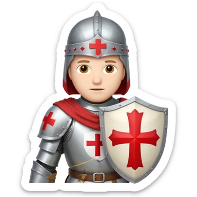 knight templar in medieval armor, white mantle with red cross, helmet, shield sticker