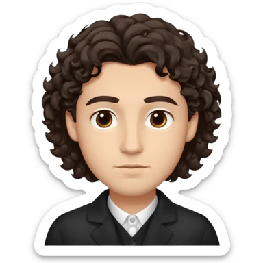 He’s a man with light to medium skin, a defined oval face, full brows, deep-set eyes, and wavy to curly dark brown hair styled with height, sides are trimmed. expression calm and focused relaxed black open-collar .polished, articulate, and trainer vibe. sticker
