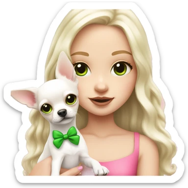 pale blond yt girl with wavy long platinum white hair with bright green eyes holding a white chihuahua puppy that wearing a pink bow sticker