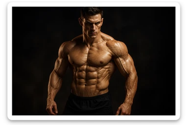 bodybuilding è lo sport simbolico della vemenza, forza, potenza, estetica, iperrealistico cinematografico 4k, l'uomo non farlo troppo tozzo, ma muscolo e slim sticker