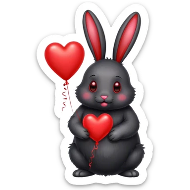 fat black rabbit with drooping ears and red metallic heart-shaped balloons sticker