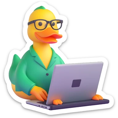 Animated duck wearing glasses, programming Python on a laptop sticker