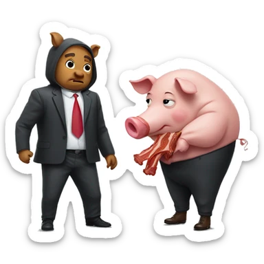 A big bad pig in a suit with a man in a hoodie holding bacon sticker