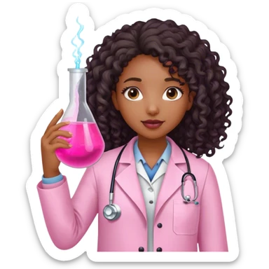 Black girl with long curly hair is a scientist with pink lab coat sticker