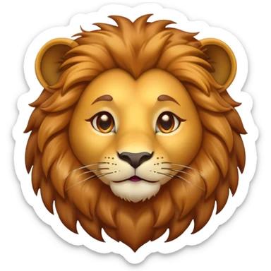 Cinematic Cute Lion Portrait Emoji, Head tilted playfully and inquisitively, featuring a glossy tawny Fur with a lush mane and round, sparkling amber eyes filled with curious mischief, Simplified yet irresistibly adorable features, highly detailed, glowing with a warm, friendly glow, high shine, affectionate and spirited, stylized with a touch of jungle whimsy, bright and endearing, soft glowing outline, capturing the essence of a mischievous yet loving lion, so playful it feels like it could pounce out of the screen and into your arms! sticker