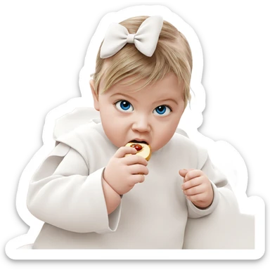 girl with blue eyes eating sticker