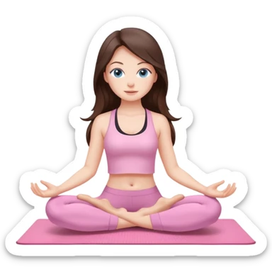 Brunette long hair and blue blue eyes yoga beautiful girl in light pink pink pink clothes sitting on a yoga mat sticker