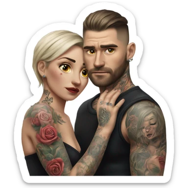 Hyper Realistic Beautiful tattooed woman crying in the arms of a handsome tattooed man  sticker