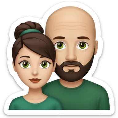 Man beard bald white dark green eyes, woman medium hair brown brown eyed latina, they have different eye color man dark green woman dark brown sticker