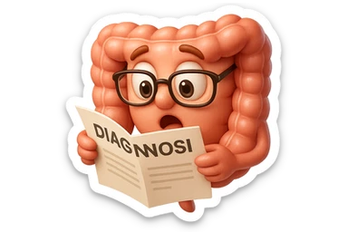 EMOJI STILE IPHONE DI UN INTESTINO CON GLI OCCHIALI CHE LEGGE UN FOGLIO CON LA SCRITTA DIAGNOSI, ESPRESSIONE STUPITA IN VOLTO, IPERREALISTICO 4K sticker