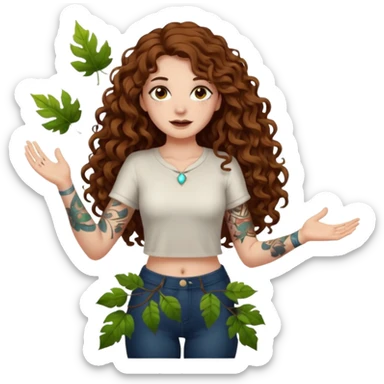 full body view of a woman with long curly brown hair, brown eyes, white skin, tattoos, slow sarcastic clap, glowing leaves falling sticker