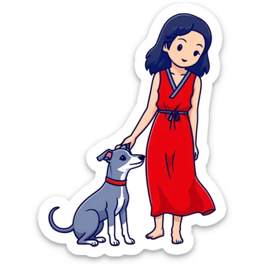 A beautiful 25-year-old Japanese woman with long flowing black hair wearing a stylish red beach dress, gently petting a PURE SOLID DARK GREY whippet with a bright RED COLLAR on a beach at night under a starry sky. The whippet MUST be 100% SOLID DARK GREY with ABSOLUTELY NO WHITE MARKINGS ANYWHERE - specifically NO WHITE on face, NO WHITE on chest, NO WHITE on paws - ENTIRELY ONE CONSISTENT SOLID DARK GREY COLOR throughout. Deep blue night sky filled with bright stars, moonlight reflecting on the ocean, sandy beach in the foreground. sticker