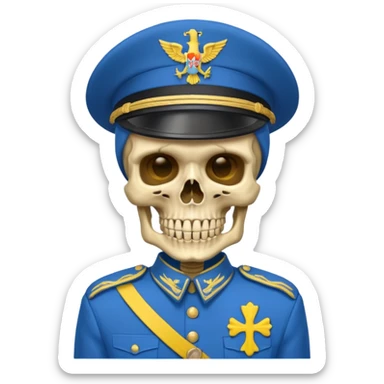 generate a very realistic skeleton in Ukrainian blue and yellow military uniform sticker