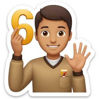 man holding 6️⃣ above the lefthand and 7️⃣ above the right hand sticker