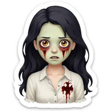 garota zumbi com cabelo preto ondulado longo blusa branca sem botões, lisa a blusa sticker
