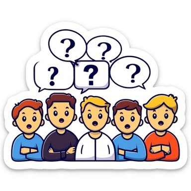 Team of people with bewildered expressions and question marks around them sticker