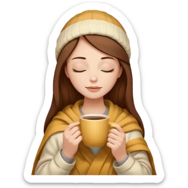 brown hair woman closed eyes with cream blanket on her head, holding cup of coffee, autumn mood sticker
