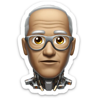 Older Male cyborg head with metallic plated face, brown flat top haircut, glasses and circuitry sticker