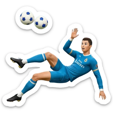 Ronaldo doing a bicycle kick with football in mid air While wearing a Retro blue Real madrid kit and yes i want it to be exactly the same as he Scored it in 2018 vs Juventus  sticker