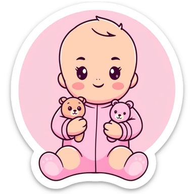 adorable baby in pastel pink outfit with pink teddy bear sticker