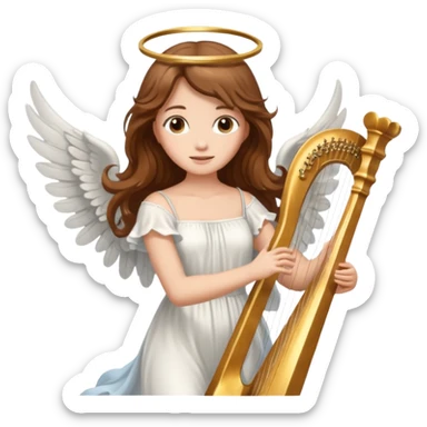 Female angel holding harp with flowing brown hair sticker