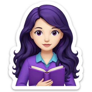Long Hair Women with purple Book, Black wavy hair sticker