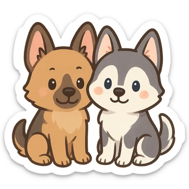 chibi sticker of two dogs, one German Shepherd and one Husky, sitting together, inspired by the reference photo sticker