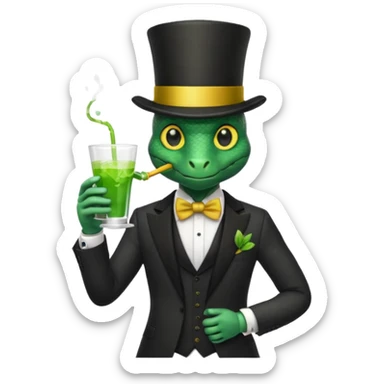 snake wearing suit, bowtie and top hat, holding a glass of green drink sticker