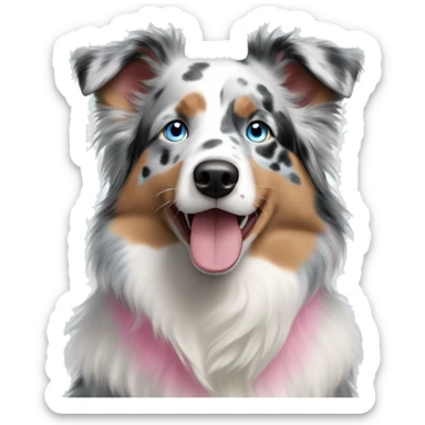 Blue Merle, and white Australian Shepherd with bright blue eyes and a pink nose with light spots on nose sticker