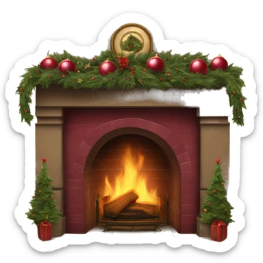 Vintage fireplace with Christmas wreaths with burgundy ornaments sticker