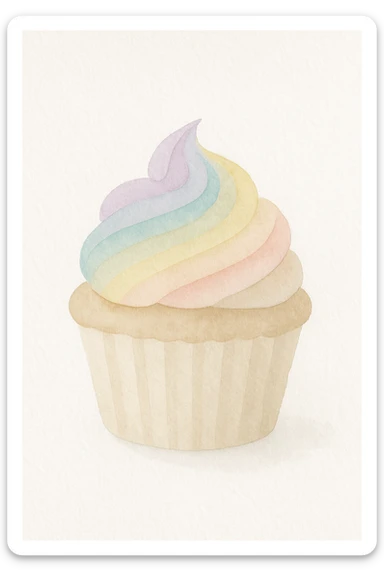rainbow cupcake, watercolor style, soft edges, artistic sticker