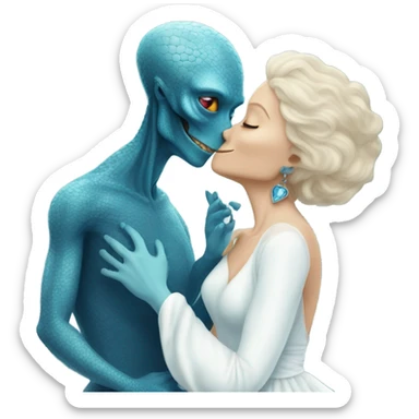 White man in blue dress hugs and kissing Alien reptilian woman in white dress  sticker