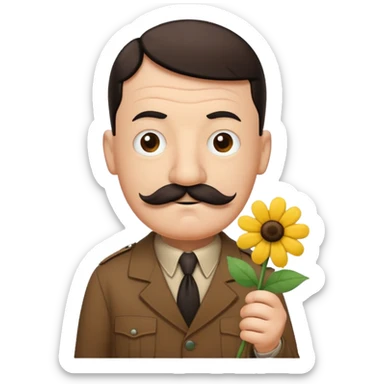 Adolf Hitler as a Mr. Men character, funny and cartoonish, with a small mustache and a silly expression, wearing a brown shirt and holding a flower sticker