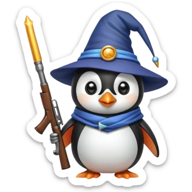 A cute penguin funny with a wizard hat, and a shotgun sticker