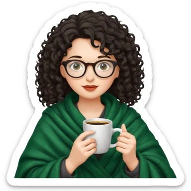 Dark curly hair lady with glasses inside a dark green blanket sipping coffe sticker