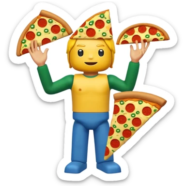 A roblox avatar yellow head arms blue troso green legs and a whole pizza on his head sticker