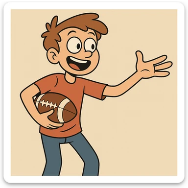 An energetic flat toon style image of a teenage boy gesturing to a friend with a football in hand. sticker