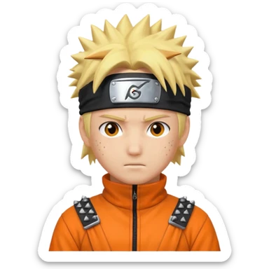 Naruto character with spiky blond hair, orange jumpsuit, ninja headband, apple emoji style sticker