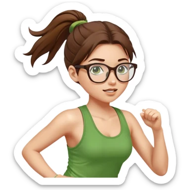 pretty girl white glasses brown hair in a ponytail green tank top running sticker