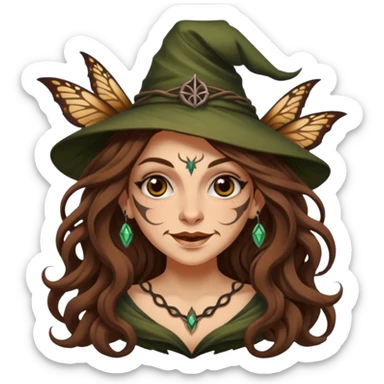 mischievous forest witch woman long wavy brown hair tattoos smirk moth sticker
