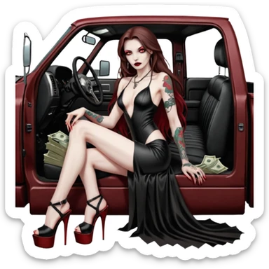 Lilith symbol red eye seductress evil long brown haired sexy succubus woman with leather long dress with slit, sitting in Big Large F350 pickup truck. Black Platform high heels on feet. Tattoo sleeve arms, seat full of stacks of cash, and a man dead human skull of her enemies and a gun in other hand sticker