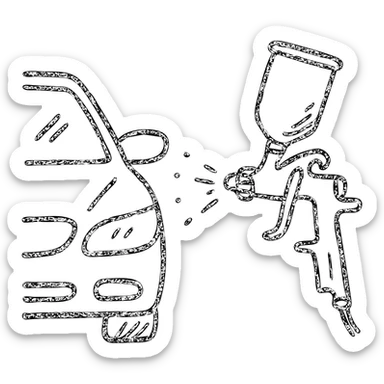 hand-drawn outlined icon of a paint spray gun pointing at a car section, light layer of glossy black paint spraying out, silver details, clean lines, no excess paint, clean and modern sticker