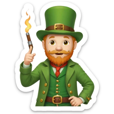 leprechaun looking up, and giving a thumbs up. on his left hand, he is holding his waist. change the hat band with orange band and a red belt. change the facial hair to white. on his mouth, he is smoking a red pipe. sticker