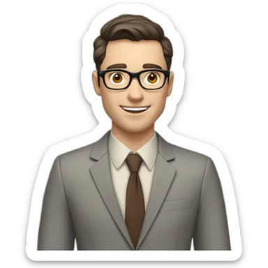 Pale skinned fit man with dark brown hair in gray jacket, beige office shirt, brown tie, brown pants and vintage glasses Writing text on a marker board sticker