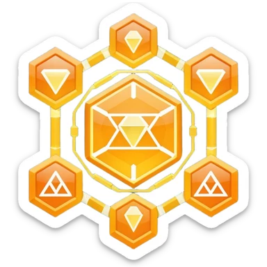 Futuristic reward points icon with PFD in the middle, diamond or hexagon shape, circuit board lines, Bloomberg terminal aesthetic, gold orange phosphor glow on dark background, minimalist geometric, no text, fintech style, clean edges, professional icon design sticker