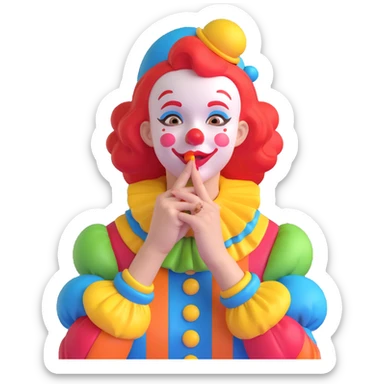 whimsical clown girl, hand close to her lips as if telling a secret, bright costume, cheerful and mysterious sticker