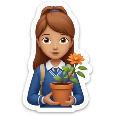 young girl wearing packpack, wearing uniform, holding a flower pot sticker