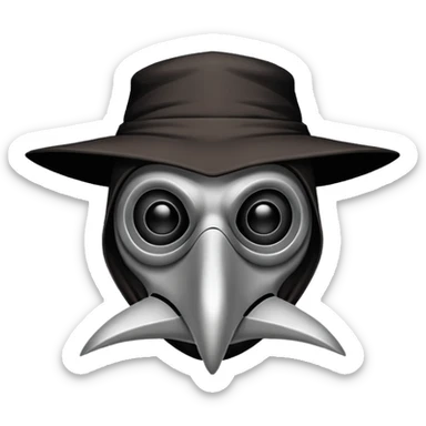 Morbid medieval plague doctor mask with a wide, sinister smile, visible in the empty eye sockets a tiny glow. Clean, stylized lines, flat vector illustration suitable for a small emote. Stylized as a medieval woodcut or metal engraving. Black and white with one accent color  sticker